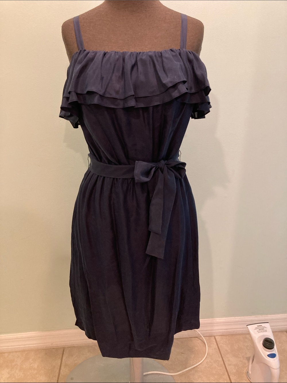 Off-Shoulder Ruffle Belted Dress in Navy